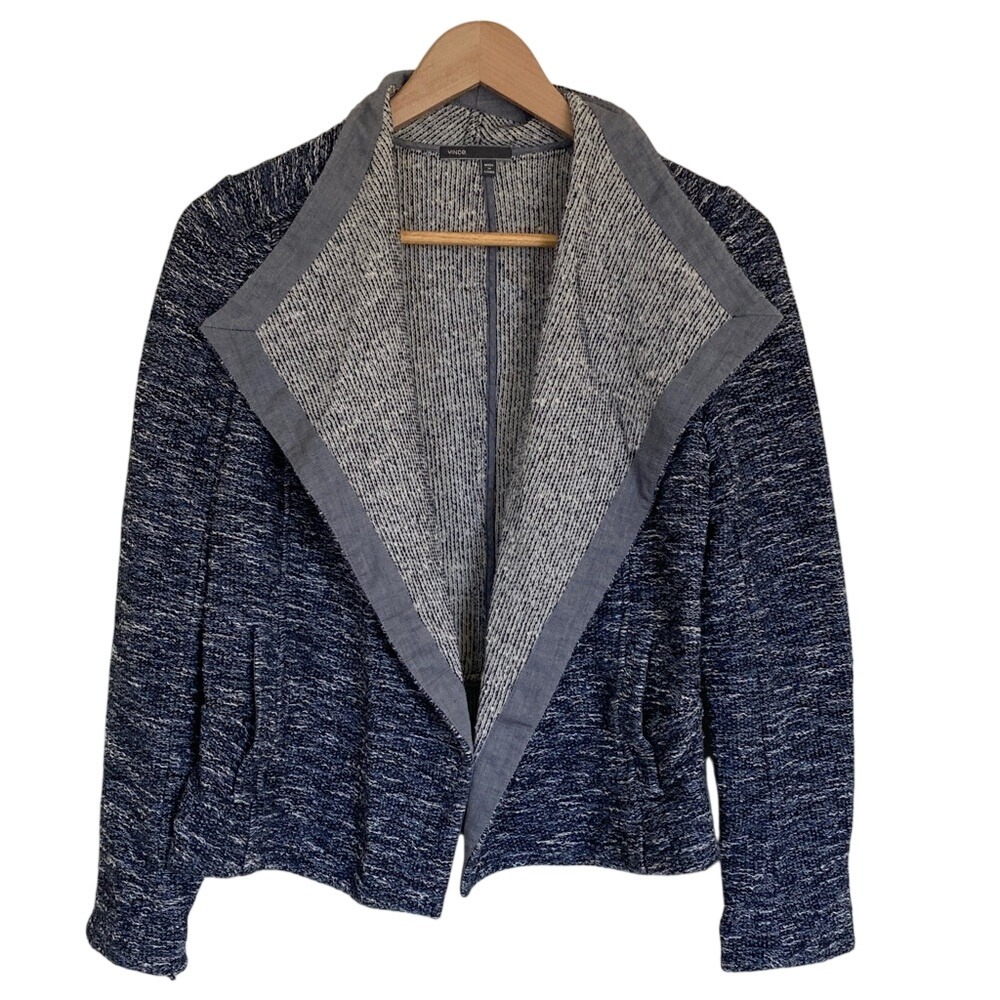 Vince Womens Blue Grey Marled Tweed Draped Open Front Jacket Size M Pockets
